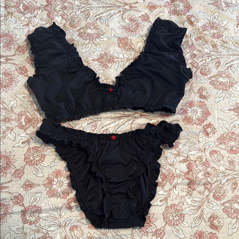 PINK by Frankies Bikini Black Ruffled Bikini Set. Worn only once. Like new
